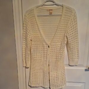 DKNY Cream Openwork V-Neck Button Cardigan
